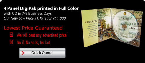 4 Panel Digipak Printed in Color with CD  Duplication. What is a Digipak? Panel Digipak is a new style of packaging that combines the Environmental friendly full Color Printed Cardboard Sleeve (biodegradable) and a clear plastic tray to hold the Disc. This is packaging is used by Starbuck and most of the new artist. It also commonly used by corporate clients for marketing material and Videos. Save money, the environment and package your product in style
