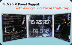 6 panel (Six Panel) CD-ROM Digipak full color printed with clear tray, Gloss Finish, Cardstock Paper. UV orVarnish coating, Coated paper, Uncoated paper, Gloss Finish, Matt Finish, Silk Finish, 10% recycled, 30% recycled, 100% Recycled papers are all options that are avaiable for a fee. Single, Dual or Triple trays are available